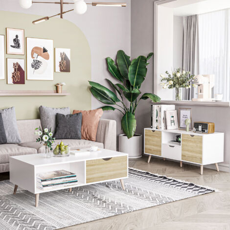 Meuble TV moderne pour téléviseur jusqu'à 127 cm (50 pouces) en panneaux de particules avec tiroirs, étagères ouvertes et placards, 110 x 40 x 50 cm, blanc et bois. (1/5)