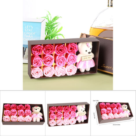 Teddybär mit 12 Seifenrosen – Romantisches Valentinstagsgeschenk in Geschenkbox (Rosa)