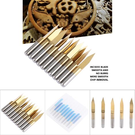 10 Stück CNC-Fräser, titanbeschichtet, Wolframstahl, 3,175 mm, zum Gravieren und Schneiden (30° 0,1 mm) (1/5)