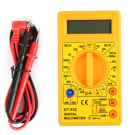 DT-832 Gelbes Kompaktmultimeter zur Messung von Wechsel- und Gleichspannung, Strom, Widerstand und mit akustischer Durchgangsprüfung (1/5)