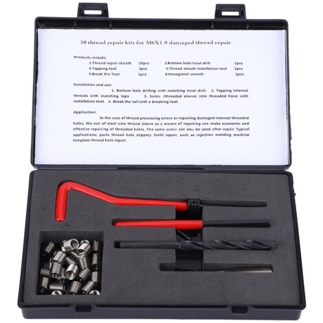 30-teiliges M6x1 Gewindeeinsatz-Set mit Schraubenschlüssel und Edelstahlbohrern zur Gewindereparatur (1/5)
