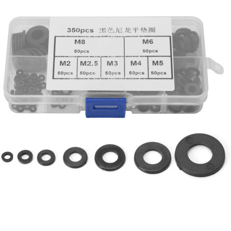 Set mit 350 schwarzen Nylon-Unterlegscheiben, Größen M2 bis M8, für Heimwerkerarbeiten und diverse Reparaturen. (1/5)