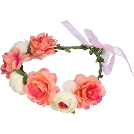 Verstellbarer künstlicher Blumenkranz für Damen in Beige und Koralle, dekoratives Haardiadem. (1/5)