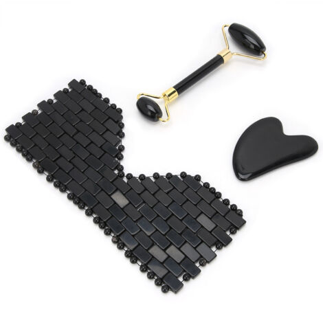 Obsidianroller und Gua Sha mit Stirnband – 3-teiliges Gesichtsmassage-Set für Hautpflege und Therapie (1/5)