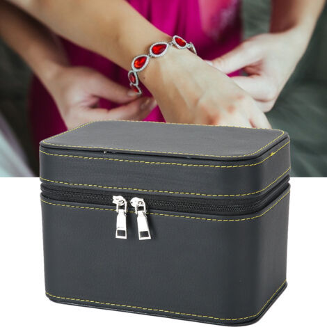 Schwarzes Reise-Schmucketui aus PU-Leder, Aufbewahrungsbox mit Reißverschluss für Armbänder, tragbarer Organizer (1/5)