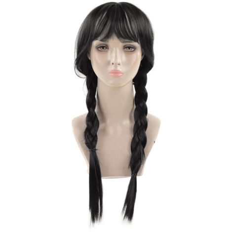 Lange, schwarze, geflochtene Perücke mit Pony, hitzebeständig, mit simulierter Kopfhaut, verstellbar für Cosplay-Kostüme (1/5)