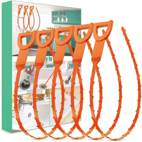 Déboucheur de canalisations capillaires (lot de 5) - Outil de nettoyage adapté aux éviers, douches, baignoires et spas (orange) (1/5)