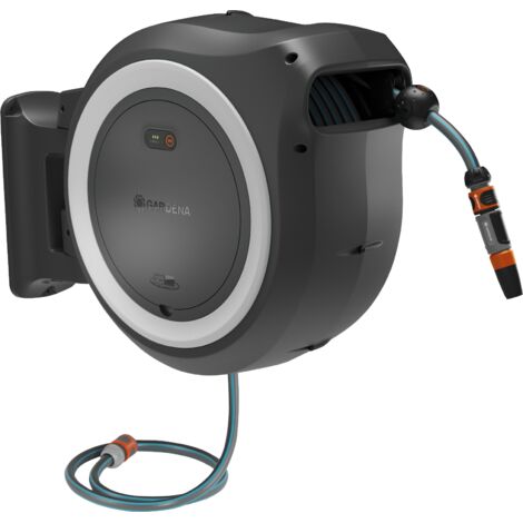 GARDENA Portamangueras PowerRoll XL a batería 18V POWER FOR ALL, 35 m de manguera, línea blanca, anti heladas y rayos UV, recogida de manguera automático, batería y cargador no incluidos (18642-55)