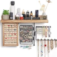 Briznsn Boîte de rangement suspendue pour bijoux, support mural, avec étagère en bois, présentoir circulaire, étagère murale