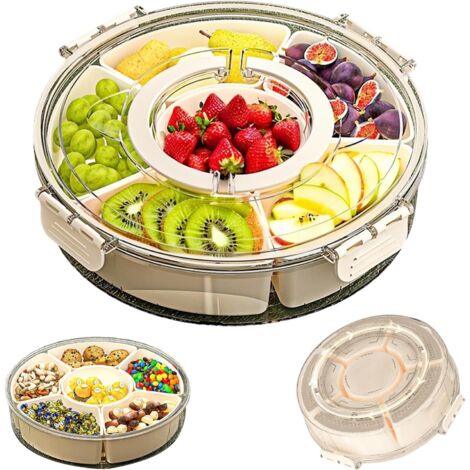 Nsihing Plateau rotatif avec poignée – Plateau à 6 compartiments pour fruits et snacks, avec couvercle, pour maison ou voyage (1/5)