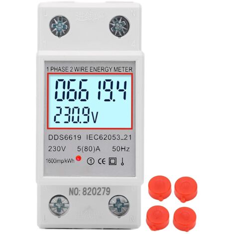 Einphasiger 5-A-230-V-Wechselstromzähler mit LCD-Anzeige, DIN-Schienenmontage, robustem PC-Gehäuse, Genauigkeitsklasse 1, maximaler Strom 80 A