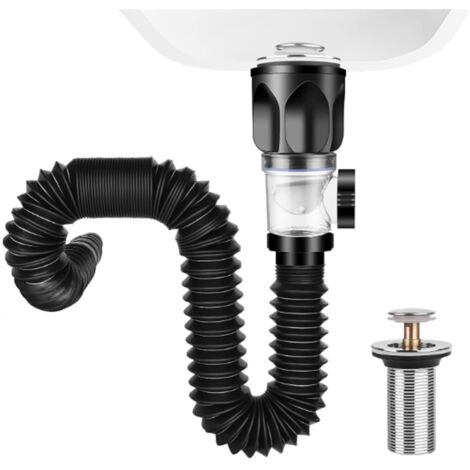 Manguera de desagüe universal flexible y extensible de 32 mm para fregaderos, fabricada en ABS resistente a olores y fugas, con tapón antiobstrucción y filtro para fregaderos de cocina y baño. (1/4)