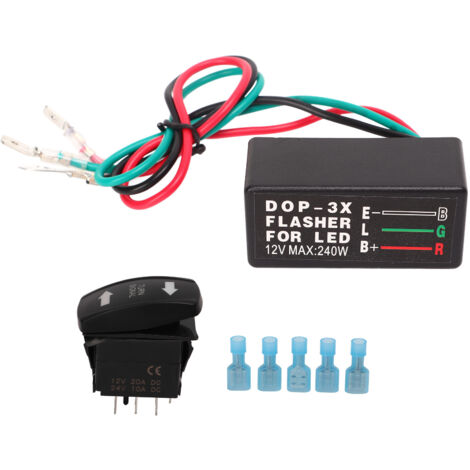 Interruptor basculante LED intermitente, 3 relés DOP, material ABS, kit de 5 terminales, 12 V