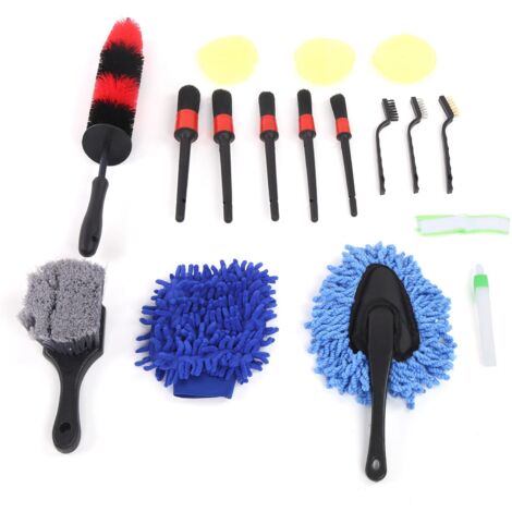 Juego de 17 cepillos de detalle para neumáticos, llantas, interior y exterior del coche - Kit de limpieza completo