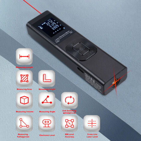 Detector láser 3 en 1 con inclinómetro y nivel cruzado – Precisión de 60 m, mide distancia/área/volumen/teorema de Pitágoras, pantalla LCD retroiluminada (1/5)