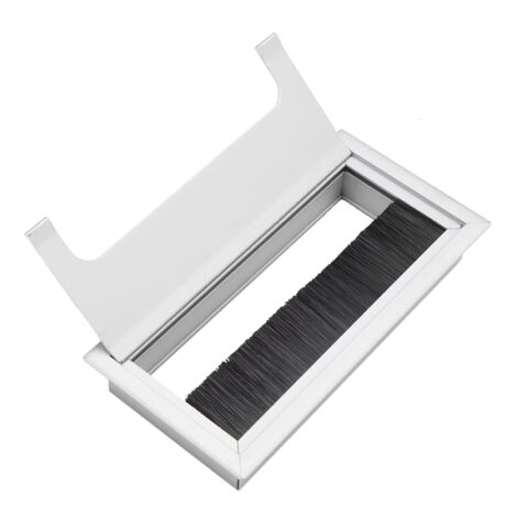 Pasacables cuadrado de aluminio para uso en oficina, tamaño mediano, con tapa abatible y cepillo anticorte.