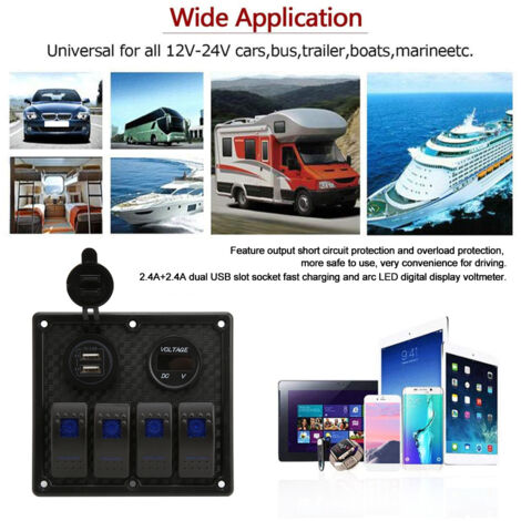 Panel de control con 4 botones basculantes, 5 pines, voltímetro y dos puertos USB de 4,8 A, universal para coche, autocaravana y barco.