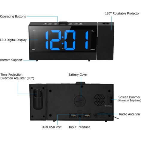 Reloj despertador digital con proyector de 6,4 pulgadas, radio FM, doble alarma y cargador USB. (1/5)