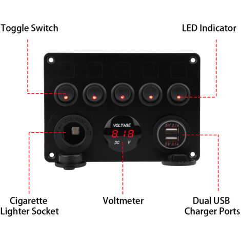 Panel de interruptores basculantes de 5 posiciones y 12-24 V con doble puerto USB y voltímetro para coche, barco o camión.