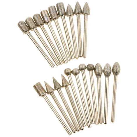 Juego de 20 fresas de diamante con portabrocas de 3 mm para herramientas rotativas - Accesorios para tallar, desbastar, pulir y grabar en piedra. (1/5)