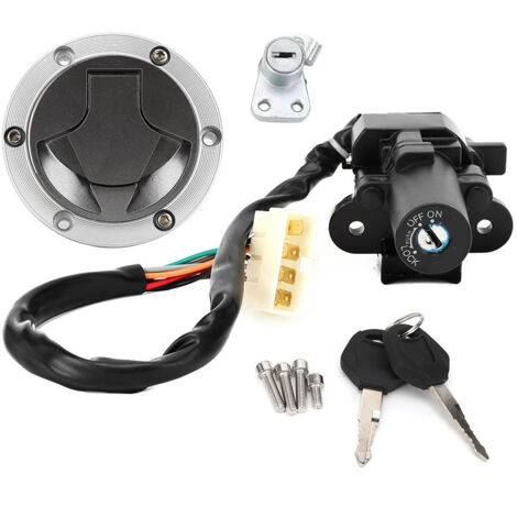 Juego de llaves con interruptor de encendido, tapa del depósito de combustible y tapón del depósito para Kawasaki Ninja 250/300 - Negro/Aluminio