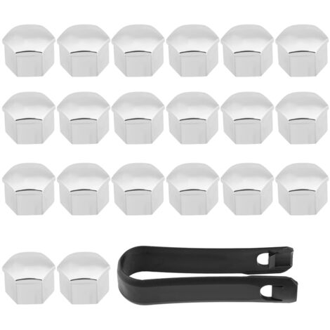 Accesorios para automóviles: 20 tapas protectoras para tuercas de rueda de 17 mm, color plata, para bujes, plástico resistente, universales. (1/5)
