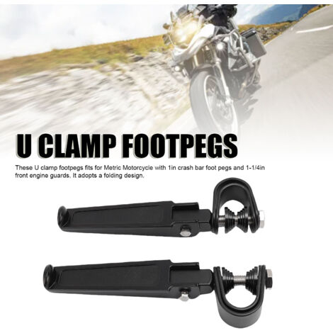 Reposapiés universales con abrazadera en U para protectores de motor de 25 mm a 32 mm, fabricados en aleación de aluminio mecanizada por CNC, con giro de 360° y 2 clavijas antideslizantes ajustables.