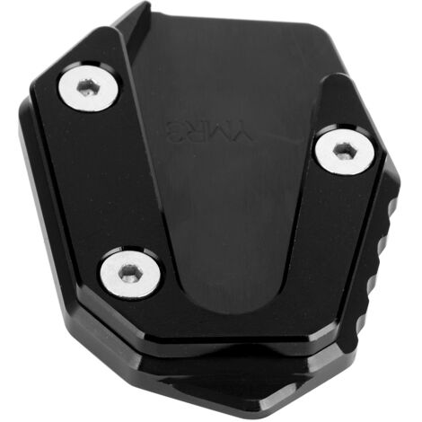 Soporte de extensión para caballete lateral compatible con Yamaha YZF R25 / R3 / MT-25 / MT-03 (2014-2019) - Placa de aluminio CNC de 60x83 mm, color negro.