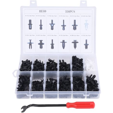 Juego de 350 remaches de plástico para automóviles - Kit de 12 tipos de fijaciones para parachoques y molduras con extractor de remaches