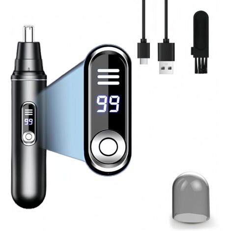 Recortadora de vello nasal recargable por USB - Depiladora facial 2 en 1 con cuchillas de acero inoxidable, pantalla LED resistente al agua IPX7, 120 minutos de duración de la batería - Negra (1/5)