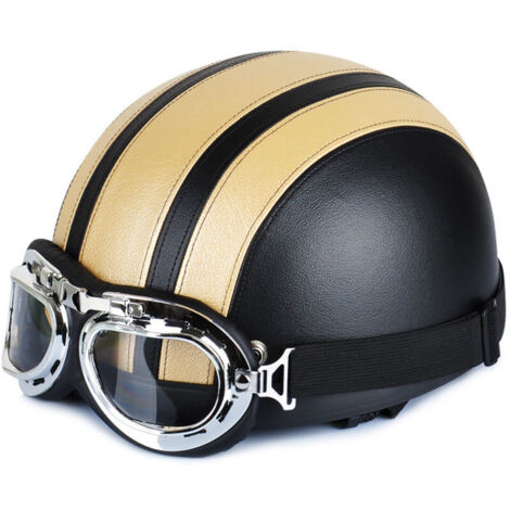Casco de moto vintage tipo jet, de cuero negro y amarillo con gafas: protección superior, comodidad y ventilación óptima.