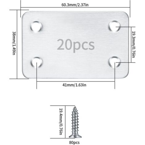 Placas de montaje planas perforadas - Paquete de 20 - Acero inoxidable de 1,5 mm - Color plata - 38x60 mm con orificios de 5 mm para una fijación discreta