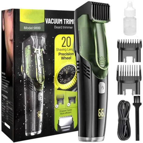 Afeitadora de barba con aspiradora para hombre, recortadora de barba para hombre, recortadora de barba para hombre, recortadora de barba impermeable IPX6 con 2 peines, recortadora de barba recargable