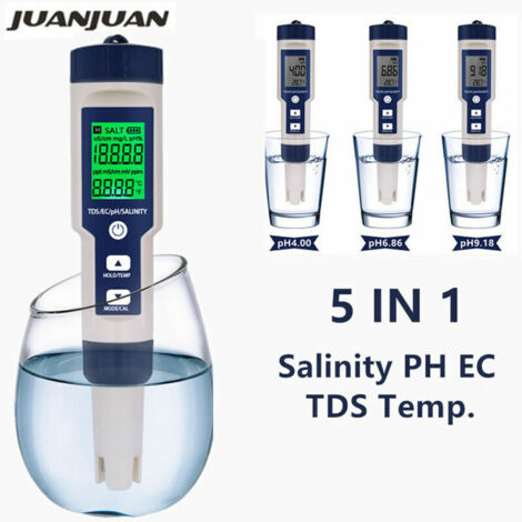 Medidor digital de temperatura 5 en 1: pH, TDS, EC, salinidad, conductividad, filtro de agua, pureza, bolígrafo con retroiluminación.