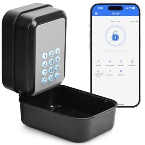 Caja fuerte inteligente Bluetooth con aplicación TTLock, código PIN y puerto USB-C, fabricada en aleación de zinc y aluminio para una seguridad óptima.