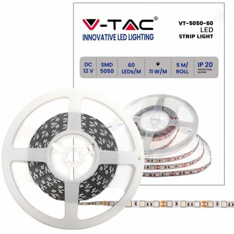 V-TAC VT-5050 Bande LED SMD5050 12V 60LED/M 5Mt lumière jaune unicolore 11W/mt IP20 - SKU 212156