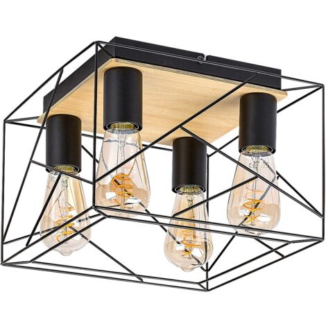 Plafond Boire métal / bois noir E27 4 x Max.40W L: 30 cm B: 30 cm H: 21,5 cm Dimmable (1/5)