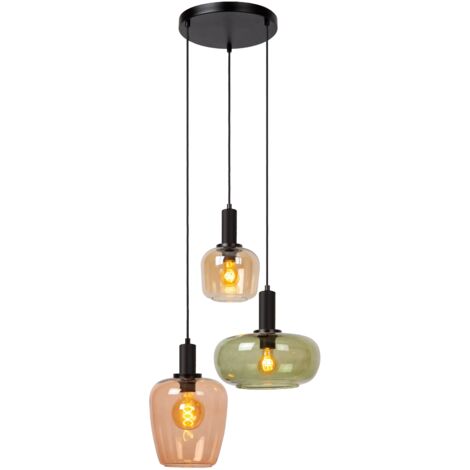 Suspension 3 lumières E27 en verre coloré – Hauteur 174 cm – Largeur 51 cm – Dimmable avec ampoules E27 – Pour intérieur moderne – Lucide (1/5)