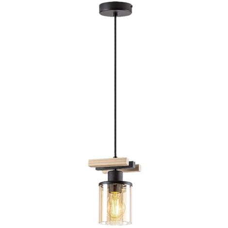 Lampe suspendue niylah métal / bois en verre noir ambre e27 1 x max.25W l: 12 cm h: 120 cm Ø9.5 cm (1/5)