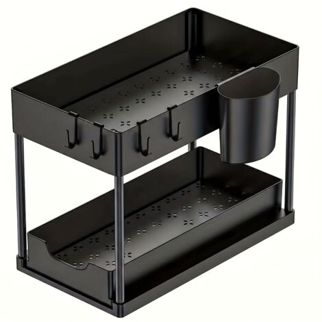 Organiseur 2 niveaux sous évier pour cuisine et salle de bain - Rangement épices, accessoires - Noir
