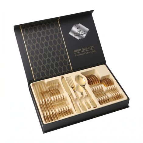 Service à couverts portugais 24pcs acier inoxydable doré - Couteaux à steak, fourchettes, cuillères à dessert - Design nordique