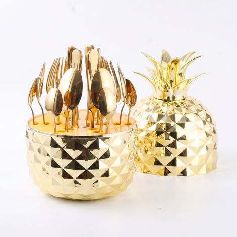 Ananas Styling de boîte de Deluxe Set de vaisselle en acier inoxydable Creative fruit fourchette couteau cuillère 24pcs SET  - or