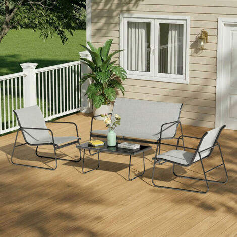 Xhomrattan Salon de jardin 4 personnes, canapé de jardin en métal et textilène, canapé 2 places, 2 fauteuils, 1 table, Gris (1/5)