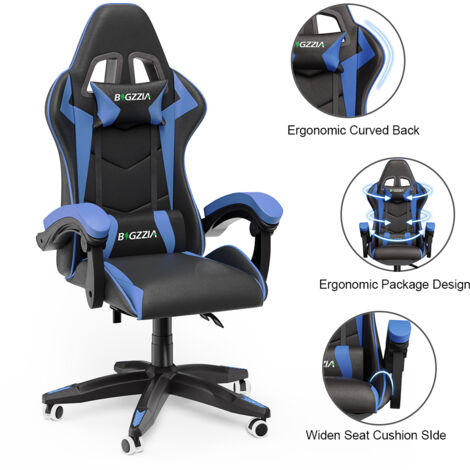 Bigzzia – Chaise gaming ergonomique avec appui-tête et support lombaire – Dossier inclinable – Base en étoile durable – Pour utilisateurs jusqu'à 100 kg