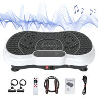 Plateforme vibrante, 99 niveaux d'intensité, 5 programmes prédéfinis, comprend une bande de résistance et une corde à sauter, télécommande, Bluetooth intégré, Blanc