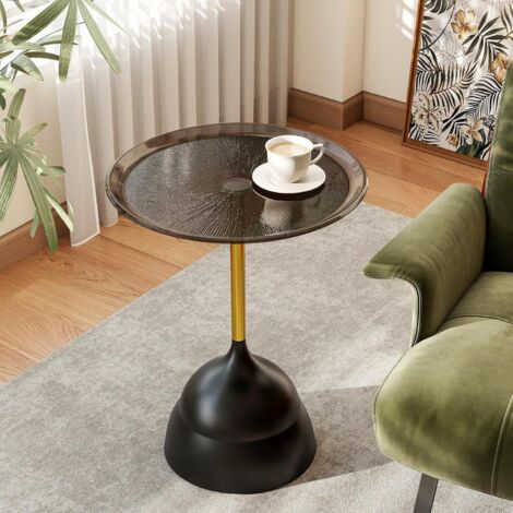 Table d'appoint ronde en verre trempé – Petite table d'appoint moderne avec socle noir stable et accents en métal doré pour le salon, la chambre et les espaces compacts (1/5)