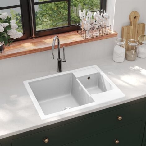 Küchenspüle mit zwei Becken, Überlaufloch, Weiß Granit
