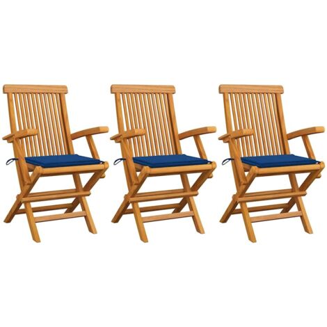 Gartenstühle mit Königsblauen Kissen 3 Stk. Massivholz Teak vidaXL (1/5)