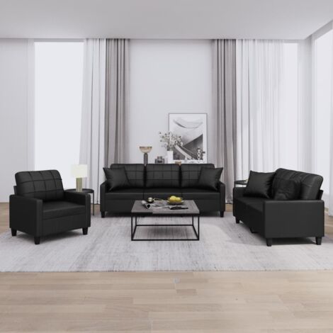 vidaXL Sofa-Set 3-teilig mit Kissen Schwarz Kunstleder