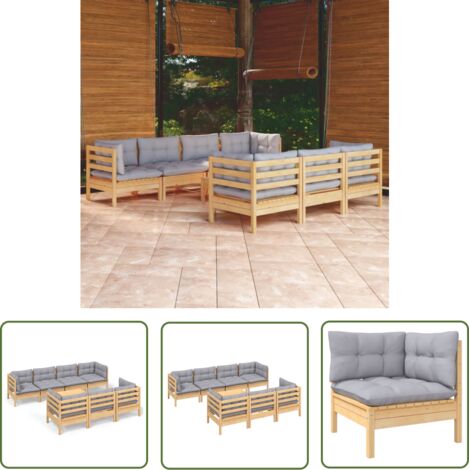 The Living Store 8-tlg. Garten-Lounge-Set mit Grauen Kissen Kiefer Massivholz - Garten Lounge Set - Kiefernholzmöbel - Outdoor Möbel - Gartenzubehör - Loungemöbel (1/5)